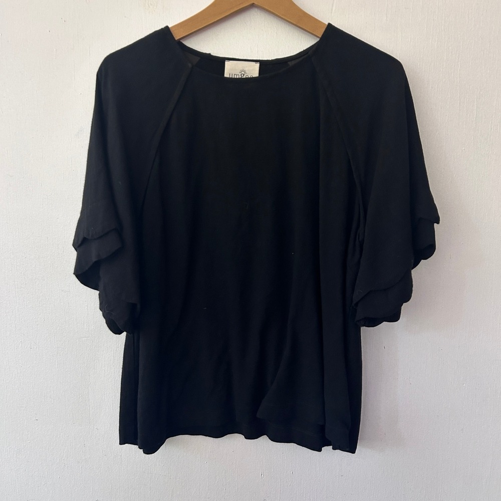 Umgee Blouse Small Black Ruffle Ruffle Sleeve Linen Cotton Dark Cottagecore
